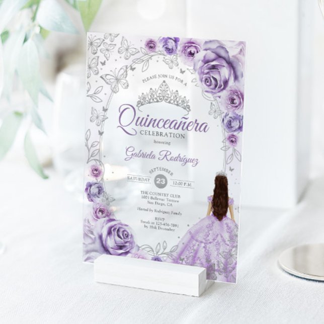 Quinceanera Lilac Purple Silver Floral Acryleinladungen (Von Creator hochgeladen)