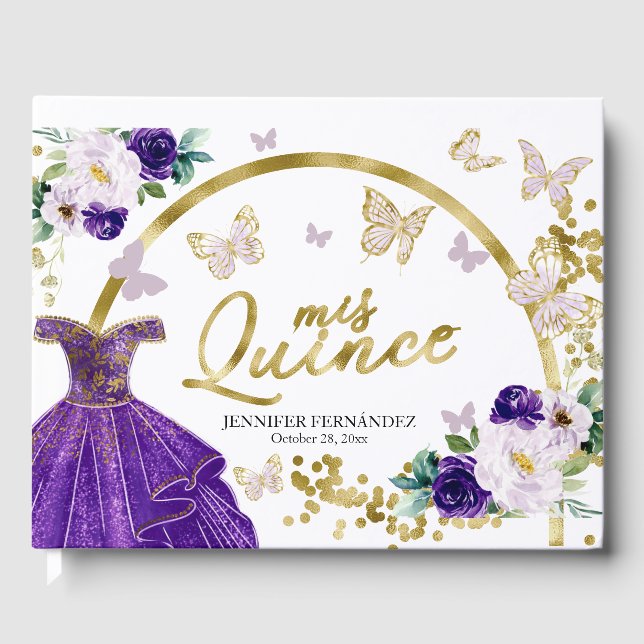 Quinceanera Livre d'invité Robe papillon pourpre (Recto)