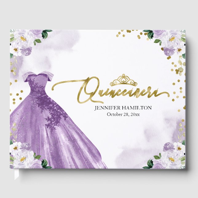 Quinceanera Livre d'invité Robe violette Floral (Recto)