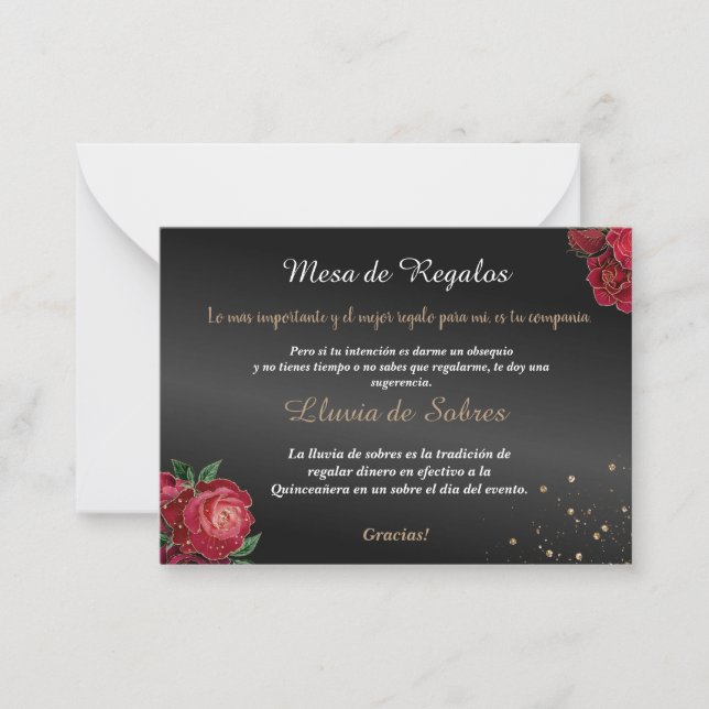Quinceañera Lluvia de Sobres Black Rote Rosen Mitteilungskarte (Vorderseite)