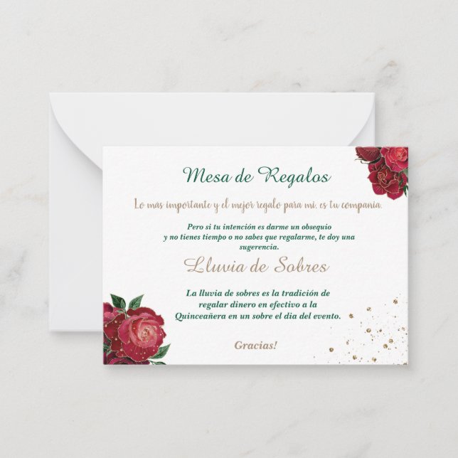 Quinceañera Lluvia de Sobres White, mit Rote Rosen Mitteilungskarte (Vorderseite)