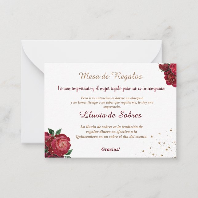 Quinceañera Lluvia de Sobres White Rote Rosen Mitteilungskarte (Vorderseite)