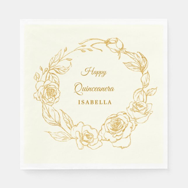 Quinceanera Luxe Gold Rose Ivory Weißer Cocktail Serviette (Vorderseite)