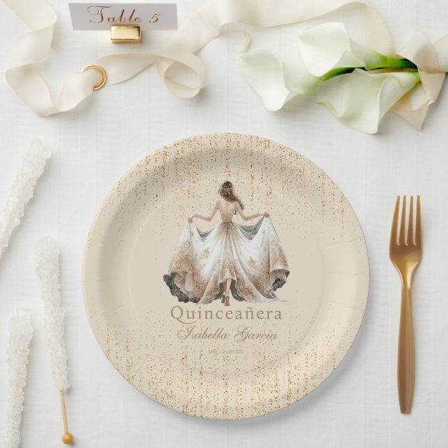 Quinceañera Luxury Elfenbeingold Personalisiert Pappteller (Hochzeit)
