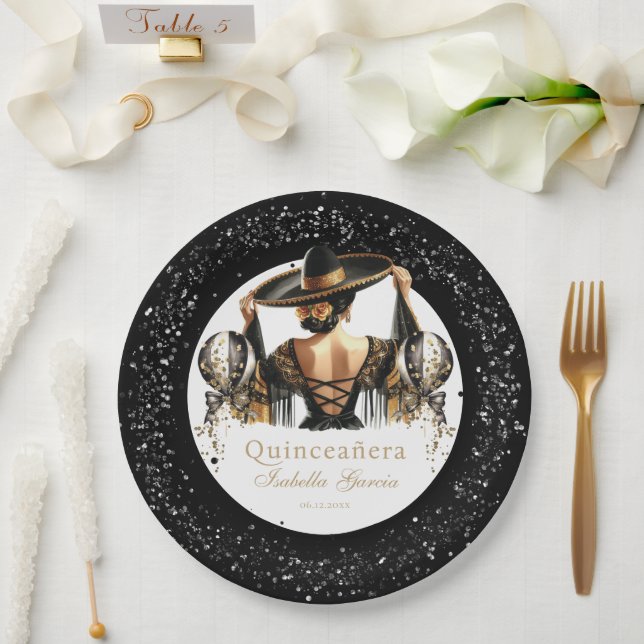 Quinceañera Luxus Black Gold Personalisiert Pappteller (Hochzeit)