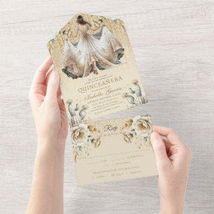 Quinceañera Luxus Elfenbein Gold mexikanische Styl All In One Einladung