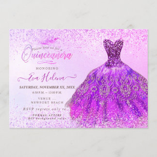 Quinceañera, Magenta Glitzer Dress Einladung