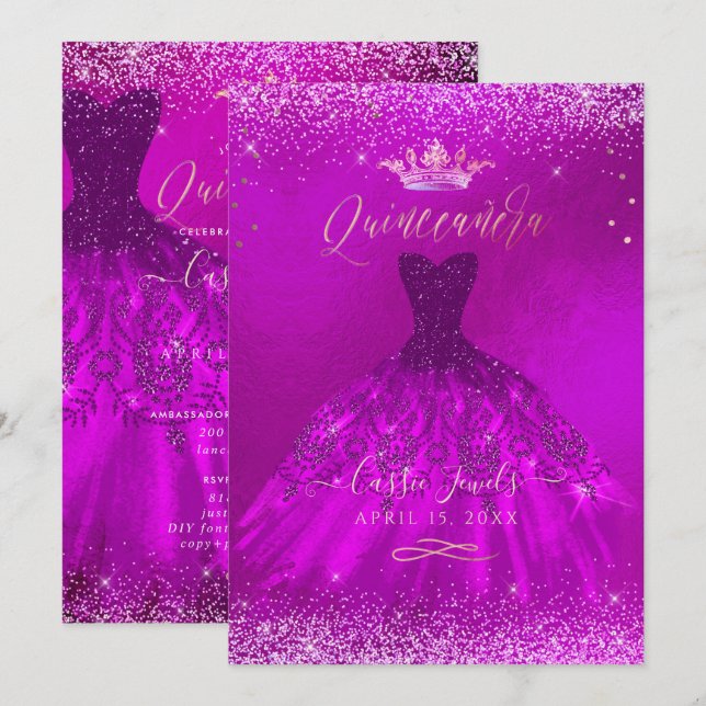 Quinceanera Magenta Gold Confetti+Princess Einladung (Vorne/Hinten)