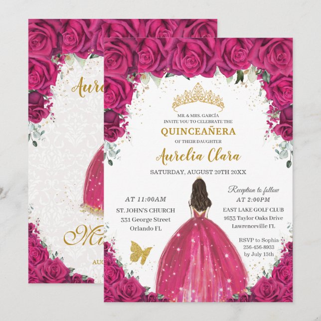 Quinceañera Magenta Hot Pink Blumenprinzessin Gold Einladung (Vorne/Hinten)