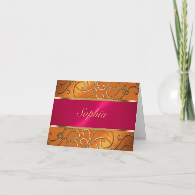 Quinceanera Magenta Pink Orange Gold Filigree Einladung (Vorderseite)
