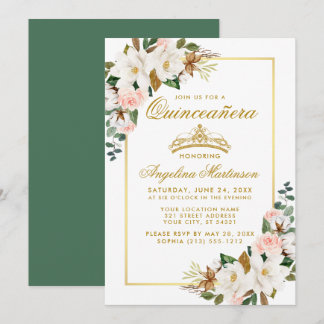 Quinceanera Magnolia Rose Floral Gold Green Einladung