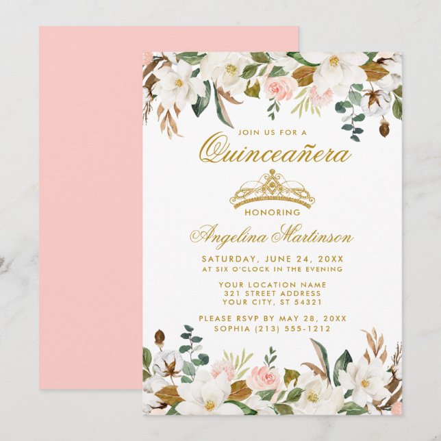 Quinceanera Magnolias Pink Roses Floral Einladung (Vorne/Hinten)