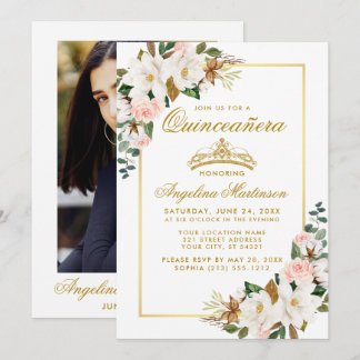 Quinceanera Magnolias Rose Blumengold Foto Einladung