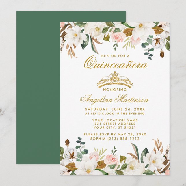 Quinceanera Magnolias Rose Blumengrün Einladung (Vorne/Hinten)