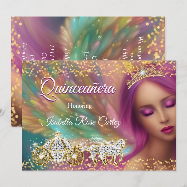 Quinceañera Mairytale Lila Pink Gold Carriage Einladung (Vorne/Hinten)
