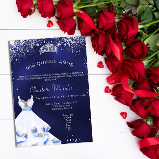 Quinceanera Marine blau silberne Kleid tiara Einladungspostkarte