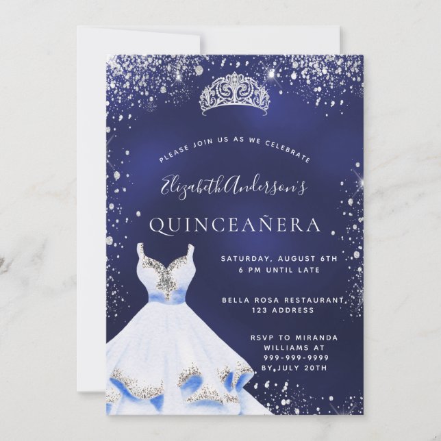 Quinceanera Marine blauen silbernen Glitzer Kleid  Einladung (Vorderseite)