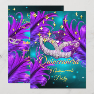 Quinceanera-Maskenball-Party-Maske Türkis Lila Gol Einladung