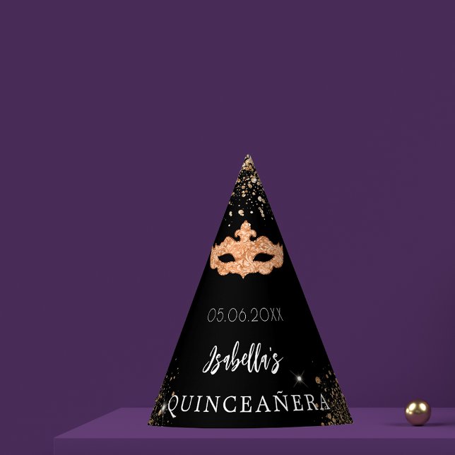Quinceanera Maskerin Name der schwarzen Goldmaske Partyhütchen (Von Creator hochgeladen)