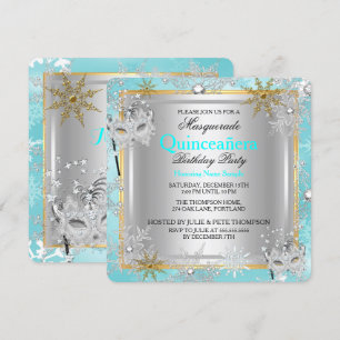 Quinceanera Masquerade Aquamarin Gold Schneeflocke Einladung