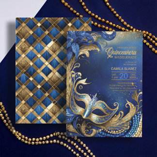 Quinceanera Masquerade Blue Gold ID1031 Einladung