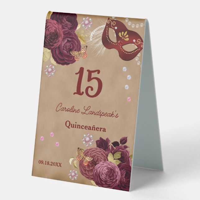 Quinceañera Masquerade, Burgund Englische Rose Tischaufsteller (Vorderseite)