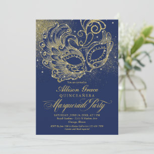 Quinceanera Masquerade Einladung Navy Blue Gold