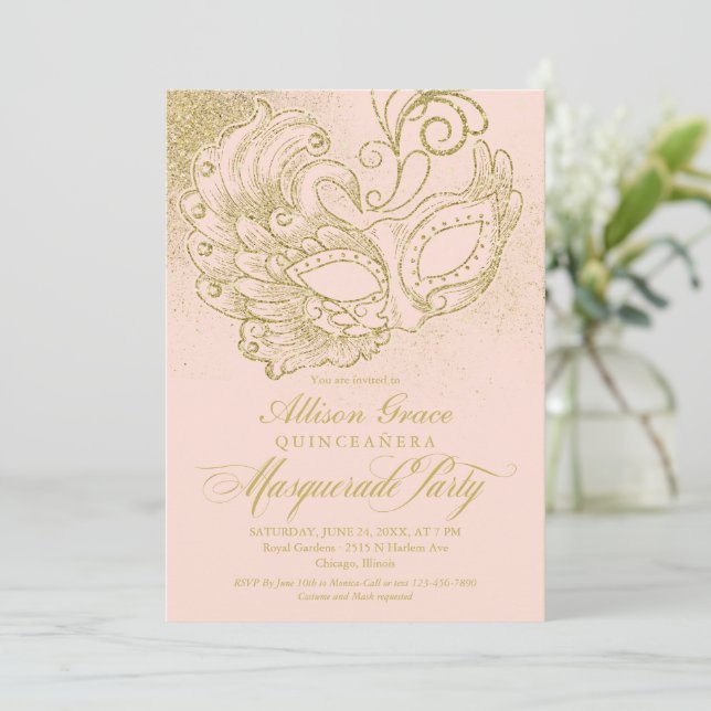 Quinceanera Masquerade Einladung Pink Gold (Stehend Vorderseite)