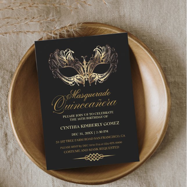 Quinceañera Masquerade Gold Black 16. Geburtstag Einladung (Von Creator hochgeladen)