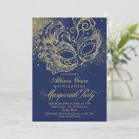 Quinceanera Masquerade Invitation Marine Blue Gold