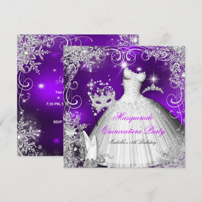 Quinceanera Masquerade Lila Weiße Schneeflocken 2 Einladung (Vorne/Hinten)