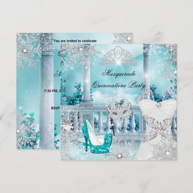 Quinceanera Masquerade Magische Prinzessin Blau 3 Einladung (Vorne/Hinten)