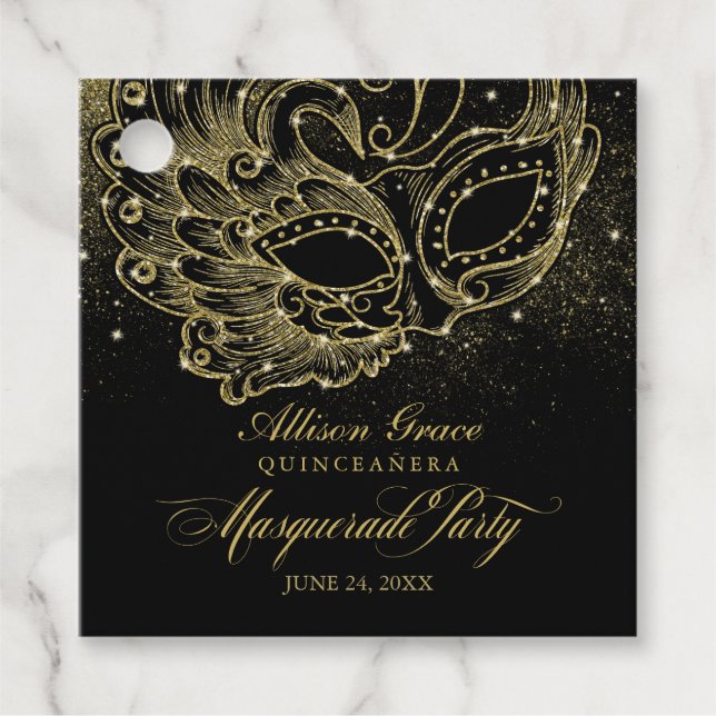 Quinceanera Masquerade Party Gold Black Geschenkanhänger (Vorderseite)