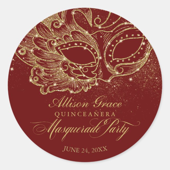 Quinceanera Masquerade Party Gold Burgund Runder Aufkleber (Vorderseite)