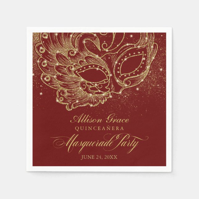 Quinceanera Masquerade Party Gold Burgund Serviette (Vorderseite)