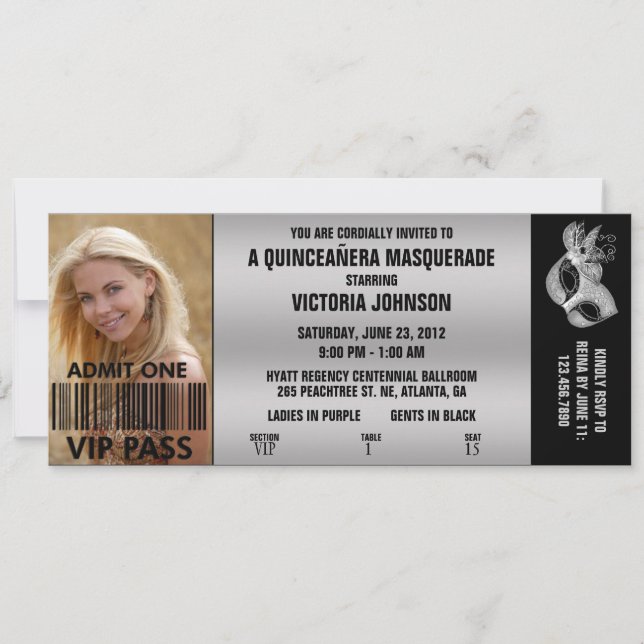 Quinceañera Masquerade VIP Eintrittskarte Einladung (Vorderseite)
