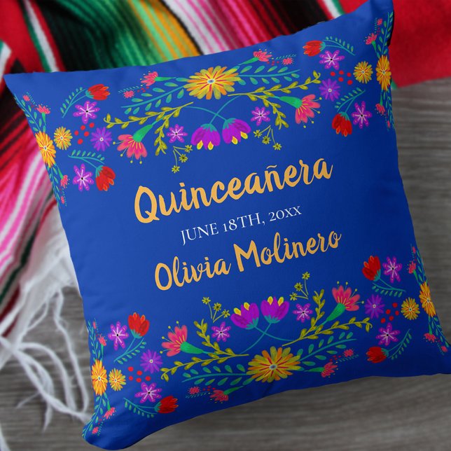 Quinceanera Mexican Fiesta Blume Blue Kissen (Von Creator hochgeladen)