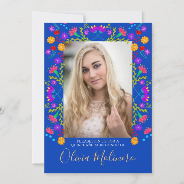 Quinceanera Mexican Fiesta Floral Blue Foto Einladung (Vorderseite)