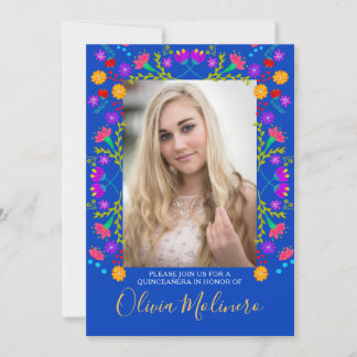 Quinceanera Mexican Fiesta Floral Blue Foto Einladung