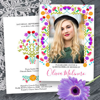 Quinceanera Mexican Fiesta Floral White Foto Einladung