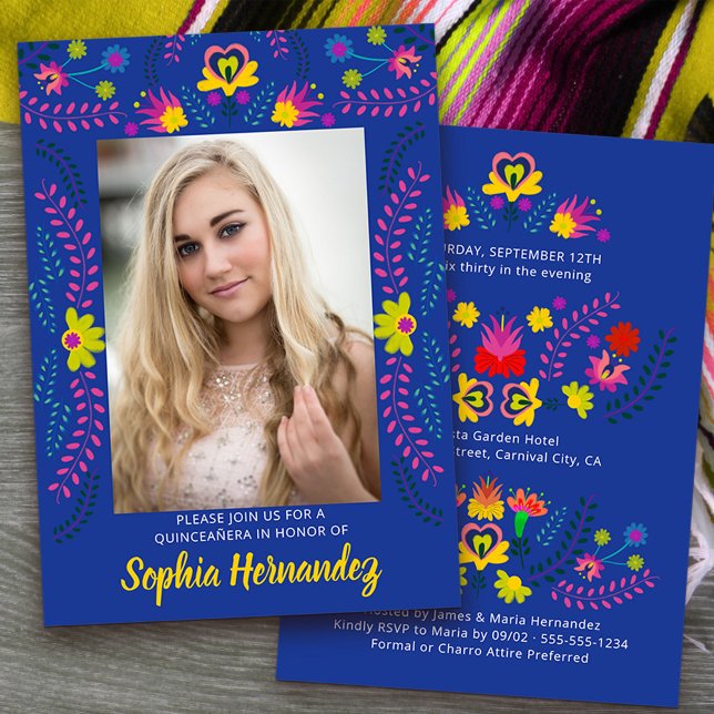 Quinceanera Mexican Fiesta Party Royal Blue Foto Einladung (Quinceanera Invitation with photo from my Mexican Fiesta Party collection)