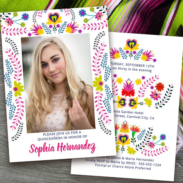 Quinceanera Mexican Fiesta Party Weißes Foto Einladung (Quinceanera Invitation with photo from my Mexican Fiesta Party collection)