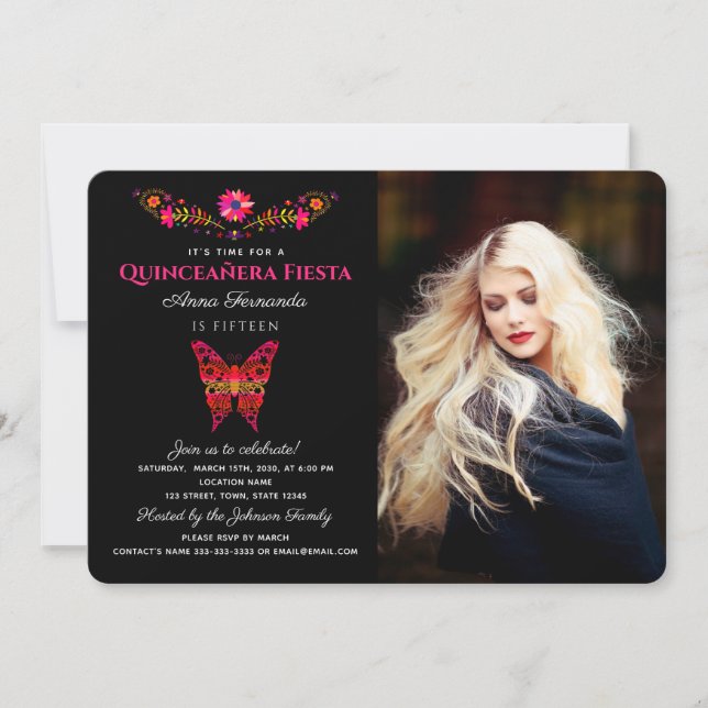 Quinceañera Mexikanische Fiesta Blumenladen Einladung (Vorderseite)