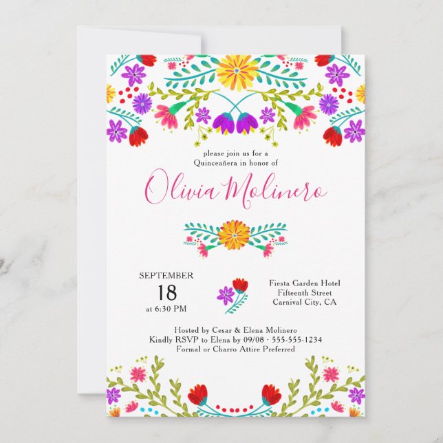Quinceanera mexikanische Fiesta farbenfroh blumenw Einladung (Vorderseite)