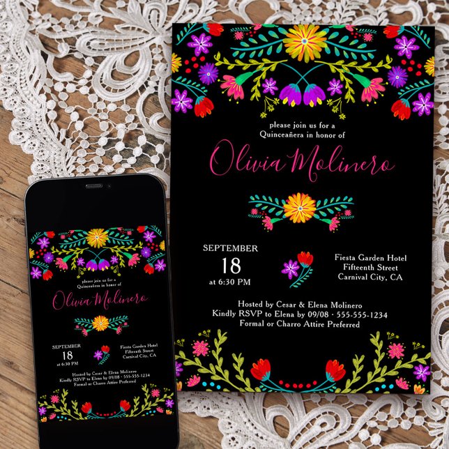 Quinceanera mexikanische Fiesta farbenfrohe schwar Einladung (Quinceanera invitation from my Mexican Fiesta Floral collection)