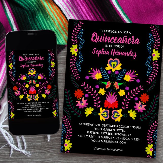 Quinceanera mexikanischen Party Blume Black Birthd Einladung (Quinceanera Invitation from my Mexican Fiesta Party collection
available printed or download)