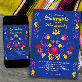 Quinceanera Mexikanisches Party Blume Blue Birthda Einladung