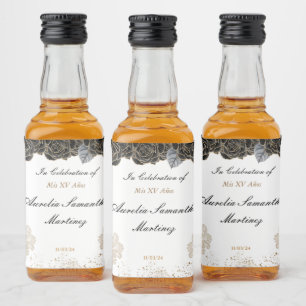 Quinceañera Mini Liquor Flasche Schwarz und Gold Alkoholflaschenetikett