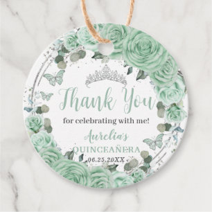 Quinceañera Mint Green Floral Silberschmetterlinge Geschenkanhänger