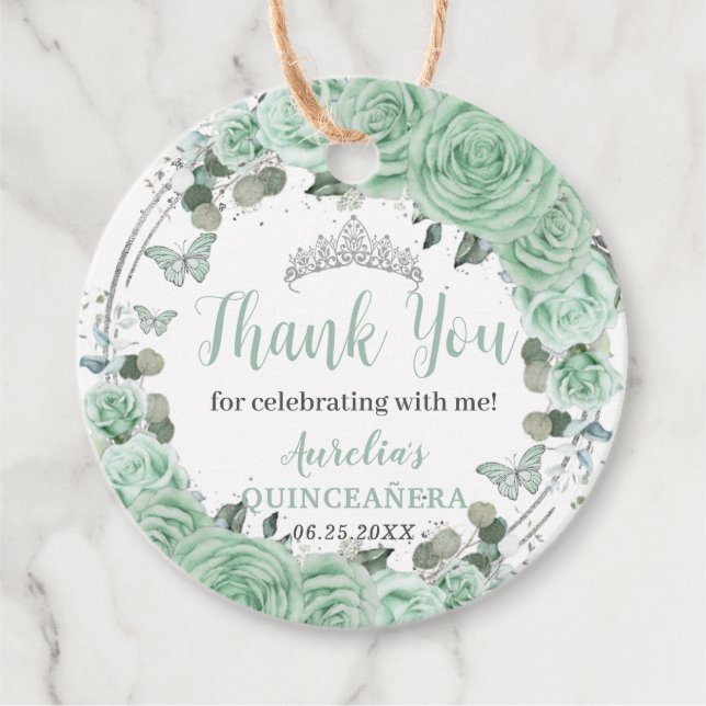 Quinceañera Mint Green Floral Silberschmetterlinge Geschenkanhänger (Vorderseite)